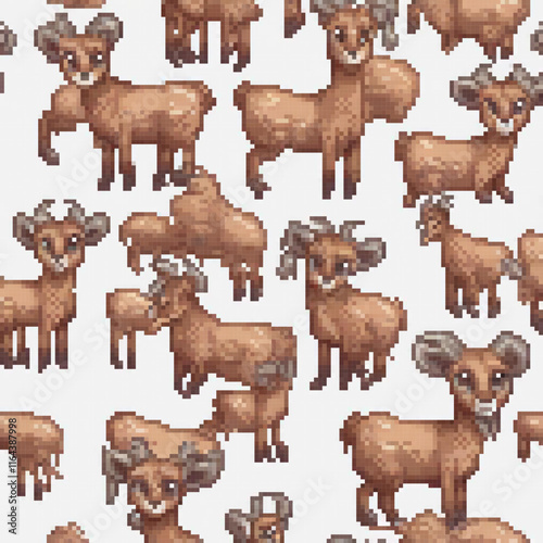 Pixel art depicting a serene herd of goats against a pristine white backdrop.