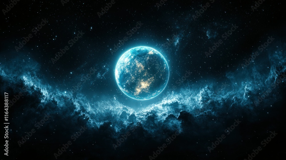 Fototapeta premium Blue planet in dark space with nebula clouds.