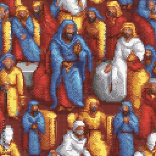 Pixel art cross stitch pattern featuring Jesus and Mary Magdalene