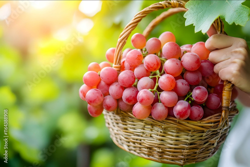 Workerharvesting grapes in a sunny vineyardcarrying a basket filled with fresh produce surrounded by green vineswith copy spacebright natural lightingagricultural sett photo