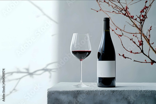 Create a wine commercial of a red wine Bourgogne bottle and a elegant zalto wine glass with red wine standing on the side of the bottle in a modern elegant minimalisti photo