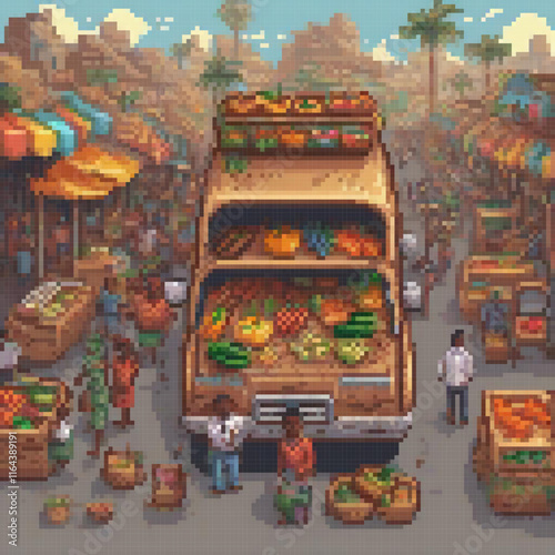 Pixel art street market with truck full of fresh produce.