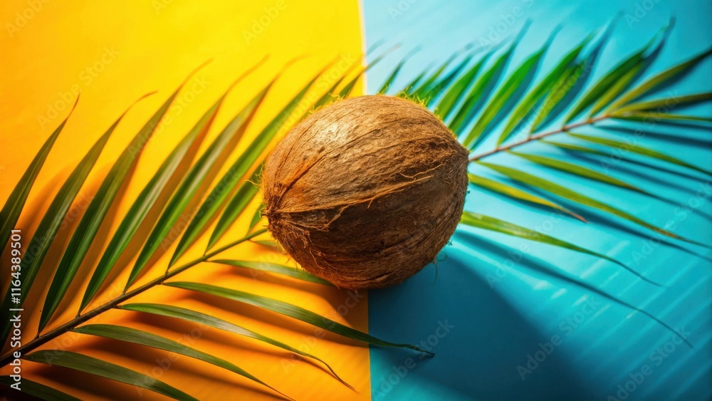 Tropical Coconut Resting on Vibrant Yellow and Blue Background with Palm Frond Tropical Coconut Resting on Vibrant Yellow and Blue Background with Palm Frond