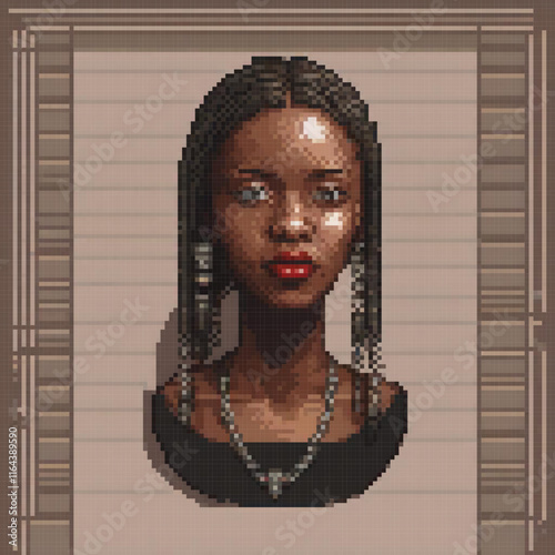 Stunning pixel art of a woman in a sleek black dress with intricate braids.