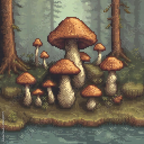 Pixel art forest scene with mushrooms