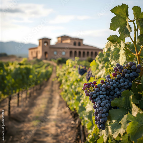 A detailed closeup shot of a vibrant vineyard in Rioja on a sunny day The lush grapevines are bursting with ripe grapes their colors vivid and alive under the bright s photo