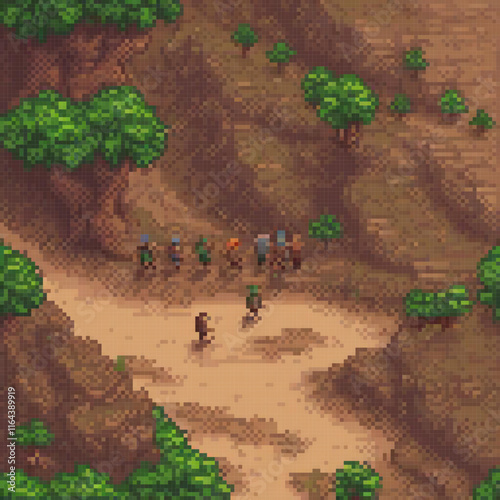 Pixel art depicting a group of individuals strolling along a rugged dirt path.