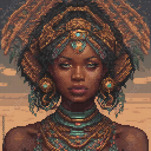 African womans headdress in pixel art cross stitch pattern.