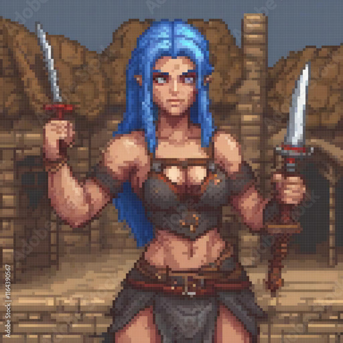 Blue-haired warrior with swords, guarding a majestic castle in pixel art.