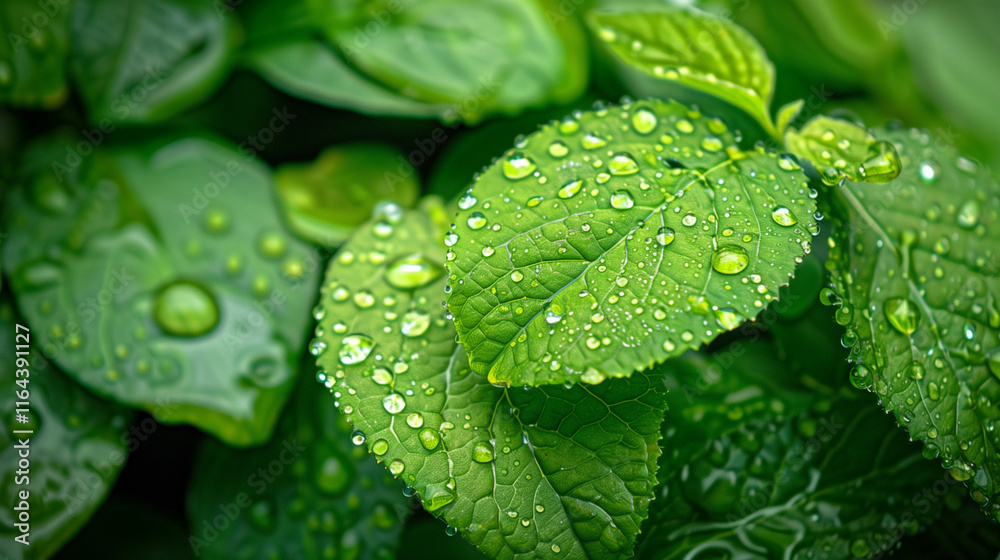 Fresh green leaves covered with dew in vibrant spring light Fresh green leaves covered with dew in vibrant spring light