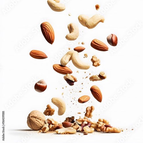 Mixed Nut Delight Various Healthy Nuts and Raisins Falling on a white Background. for Product Banners and Covers photo