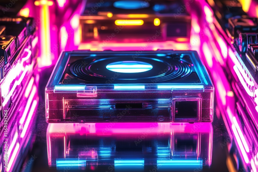 glowing cassette player surrounded by neon accents with softly blurred reflections creating nostalgic vibe glowing cassette player surrounded by neon accents with softly blurred reflections creating nostalgic vibe