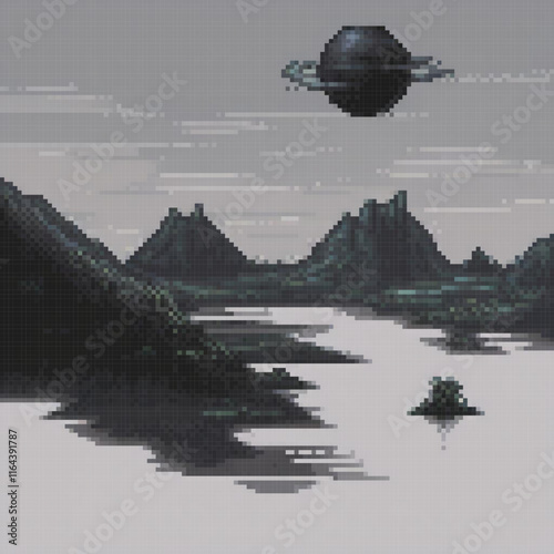 Pixel art spaceship soaring over serene water with majestic mountains in the backdrop.