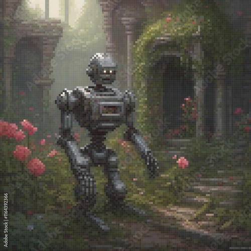 Pixel art robot amidst blooming flora and architecture.