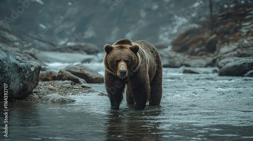 Brown bear standing in a river.