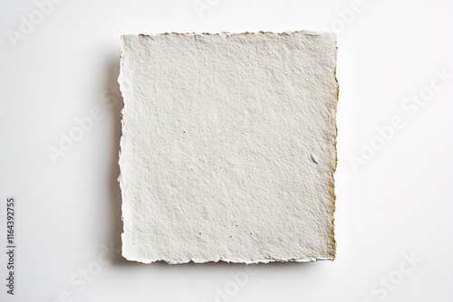 textured square of handmade paper slightly rough at edges lying flat on white background