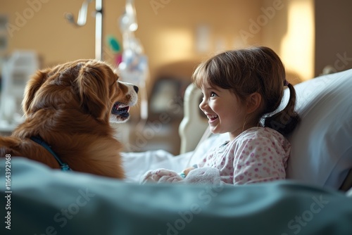 child in hospital bed smiling at therapy dog framed by blurred medical equipment and warm lighting photo