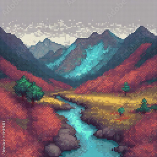 Pixel art depicting a serene river flowing through a lush valley, framed by majestic mountains.