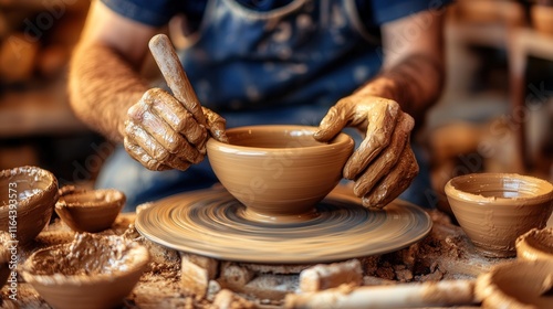 Skilled artisan shaping clay bowl on potter's wheel in workshop during golden hour photo