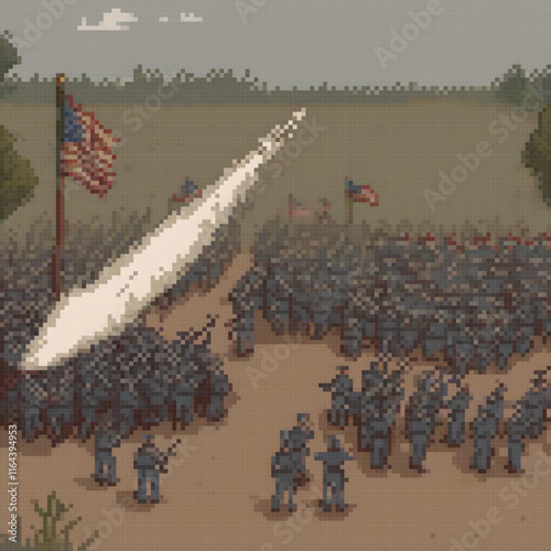 Pixel art depicting a proud group of soldiers saluting the American flag.