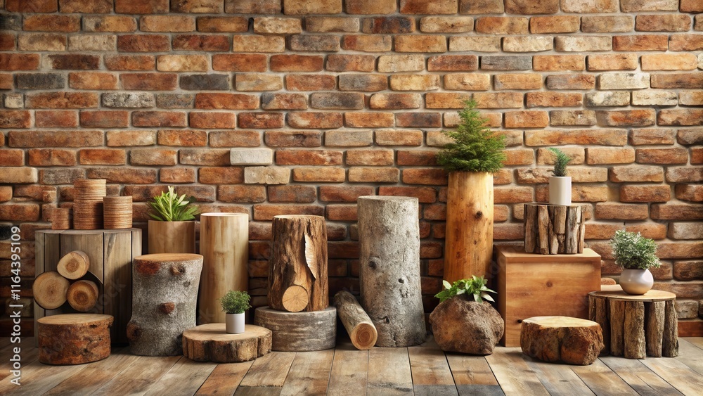 Rustic wooden stumps, logs, and planters arranged against a brick wall create a natural and inviting display. Rustic wooden stumps, logs, and planters arranged against a brick wall create a natural and inviting display.