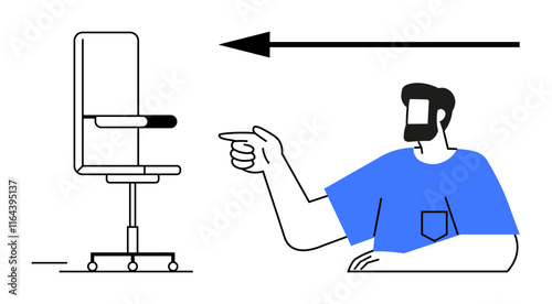 Man pointing left towards an office chair on wheels, depicting work-related direction. Ideal for workplace dynamics, office settings, productivity, instructions, team collaboration, guidance