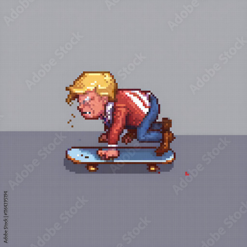 Pixel art skateboarder on table - retro style