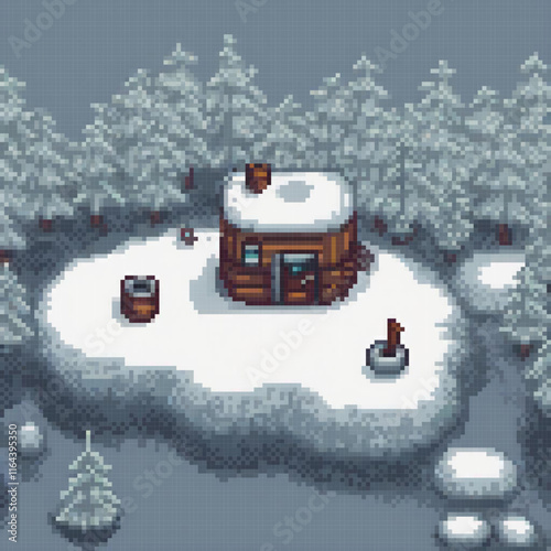 Pixel-perfect cabin amidst a serene snowy forest.