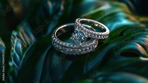 Delicately arranged wedding rings glisten atop vibrant green leaves, reflecting their brilliance in natural light, symbolizing eternal love and union photo