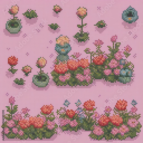 Vibrant pixel art featuring an array of colorful flowers and plants against a soft pink backdrop.