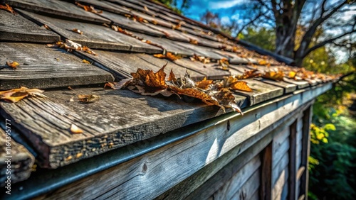 Wallpaper Mural Autumn leaves rest gently on weathered wood shingles of a rustic structure Torontodigital.ca