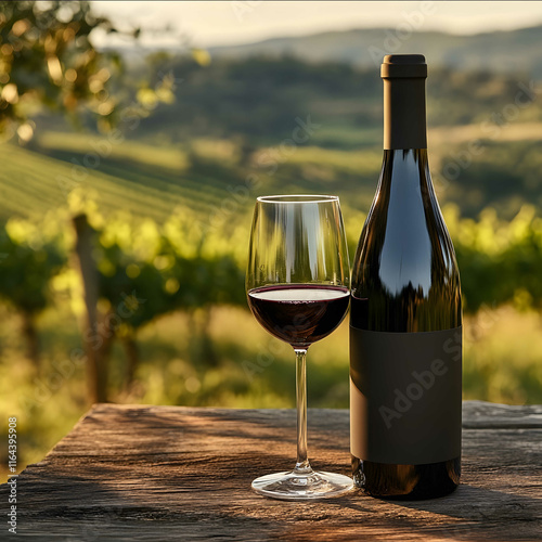 In the foreground a labelfree sleek black matte bottle of red wine stands on a rustic wooden table Beside it is a glass filled with red wine reflecting the warm sunlig photo