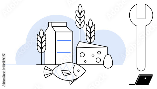Dairy carton, cheese, fish, egg, wheat stalks, large wrench, and a laptop. Ideal for nutrition agriculture tools technology health balance industry. Combining essentials and innovation