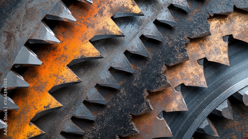 Close-up view of rusty metal saw blades with sharp teeth set against a background of weathered metal. Ideal for highlighting industrial tools and manufacturing processes Close-up view of rusty metal saw blades with sharp teeth set against a background of weathered metal. Ideal for highlighting industrial tools and manufacturing processes