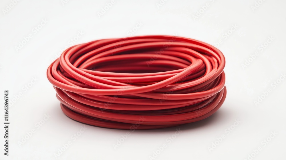 Coiled red rubber cord is arranged neatly on a clean white background, showcasing its flexibility and vibrant color, ideal for various crafting and organizational tasks Coiled red rubber cord is arranged neatly on a clean white background, showcasing its flexibility and vibrant color, ideal for various crafting and organizational tasks