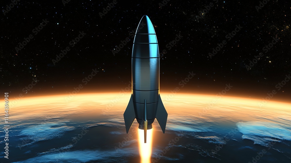 Naklejka premium futuristic rocket in 3d with metallic finish floating above glowing planetary horizon