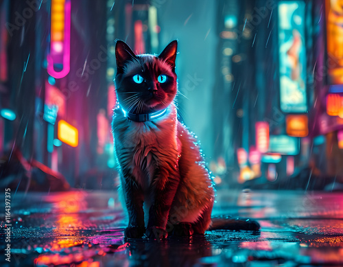 a cat sitting on a wet surface in the rain photo