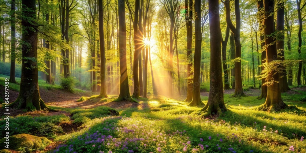 Fototapeta premium Serene Sunlight Illuminating a Lush Forest Floor with Wildflowers