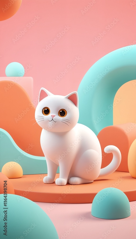 Fototapeta premium Adorable white cat with big eyes in a pastel colored 3D environment.Cute telephone wallpaper.