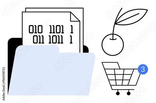 Binary code documents in a folder, cherry with leaf, shopping cart with notification. Ideal for digital transformation, data management, e-commerce, sustainability, tech advancements, online