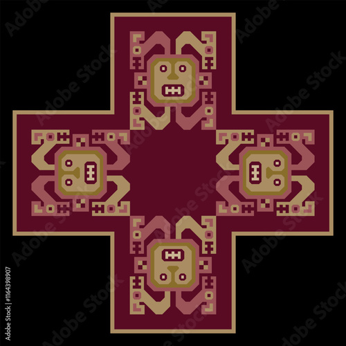 Square cross shape ethnic frame with ancient Peruvian motifs. Native American indigenous design from Recuay textile. Andean culture. photo