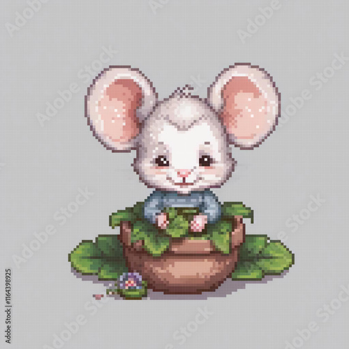 Pixel art cross stitch pattern featuring a charming mouse in a pot