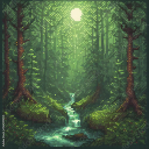 Pixel art forest with a serene stream