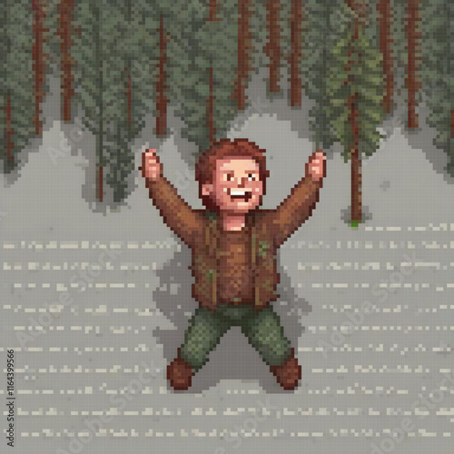 Pixel art: Man in forest, arms outstretched, adventure theme.