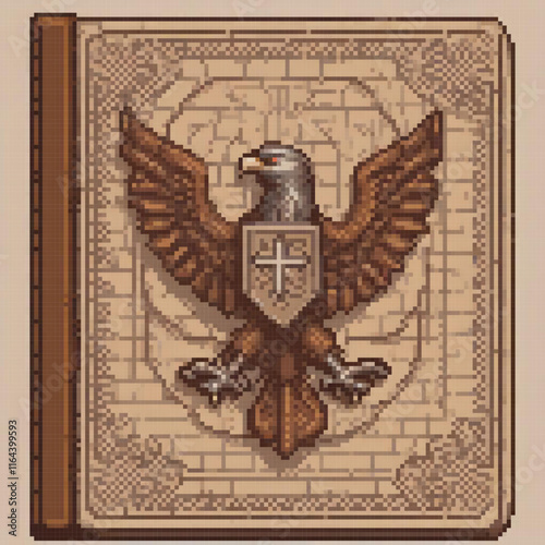 Pixel art cross stitch eagle design on brick wall