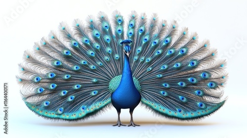 Majestic peacock displaying vibrant plumage against a white background. photo