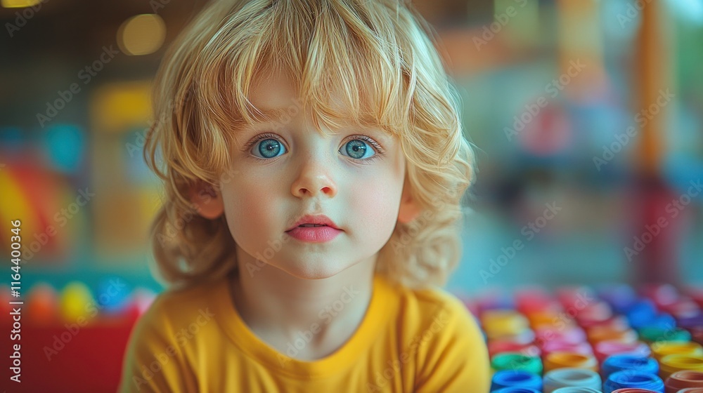 Fototapeta premium Child with curly hair and blue eyes in a colorful setting.
