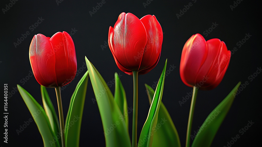 Three red tulips with green stems against black backdrop featuring Chinese characters Three red tulips with green stems against black backdrop featuring Chinese characters
