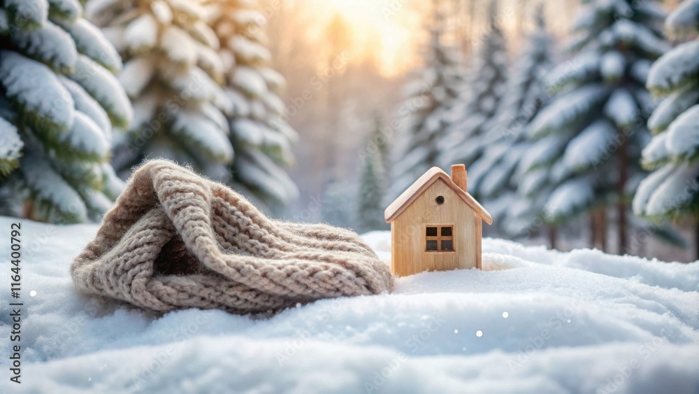 Naklejka premium Cozy Cabin in Winter Wonderland A Wooden House Model and Knitted Scarf Resting in the Snow