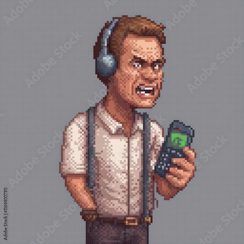 Pixel art depicts a man gripping a remote control, showcasing retro gaming vibes.